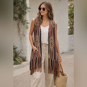 NWOT- Fashion Express Ladies Microfiber Serape Long Vest with Fringe size Small